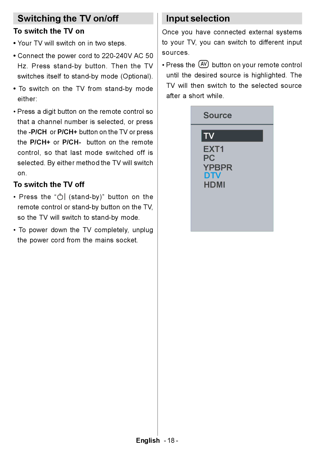 Electrolux ETV45000X user manual Switching the TV on/off, Input selection, To switch the TV on, To switch the TV off 