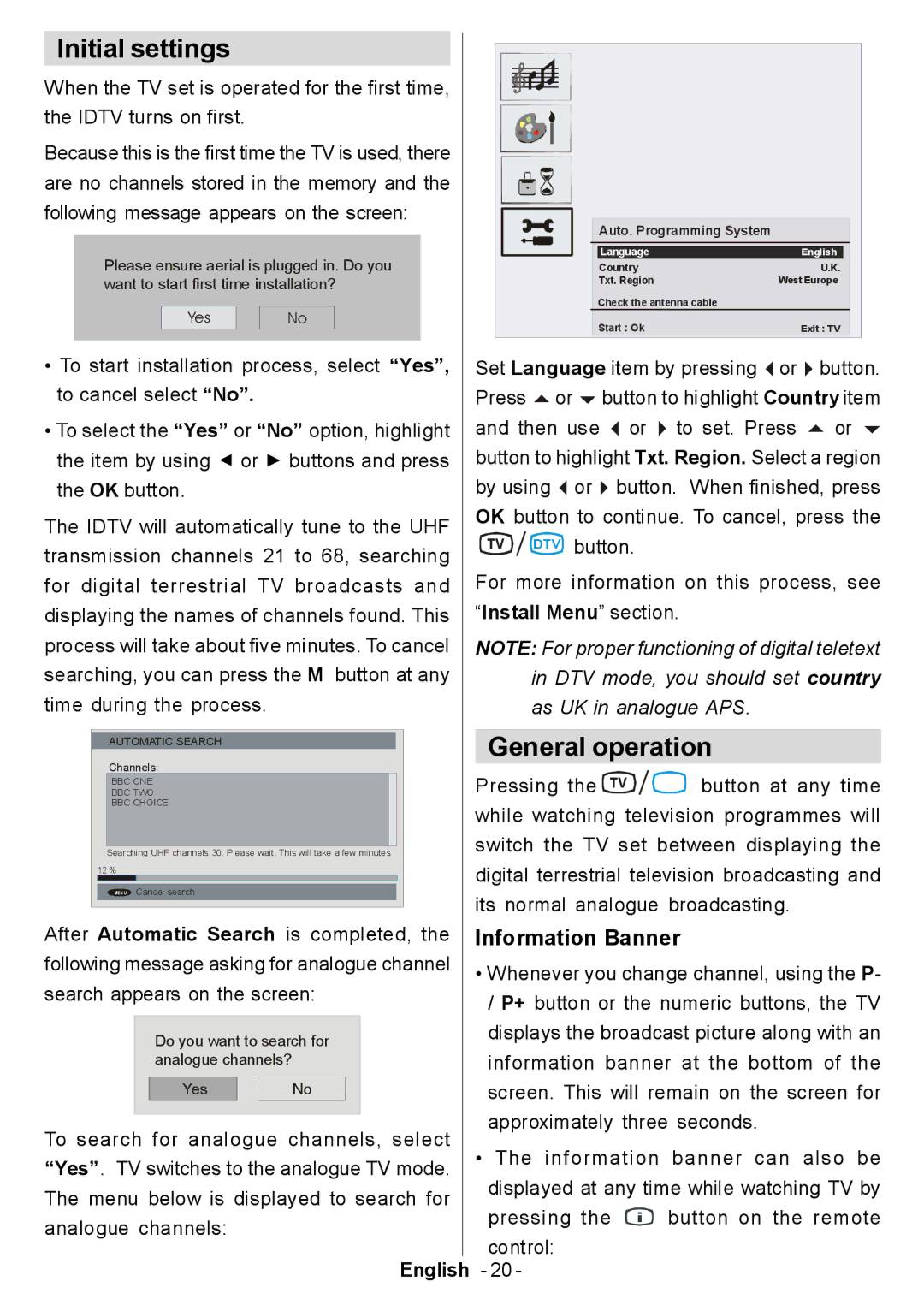 Electrolux ETV45000X user manual Initial settings, General operation, Information Banner 