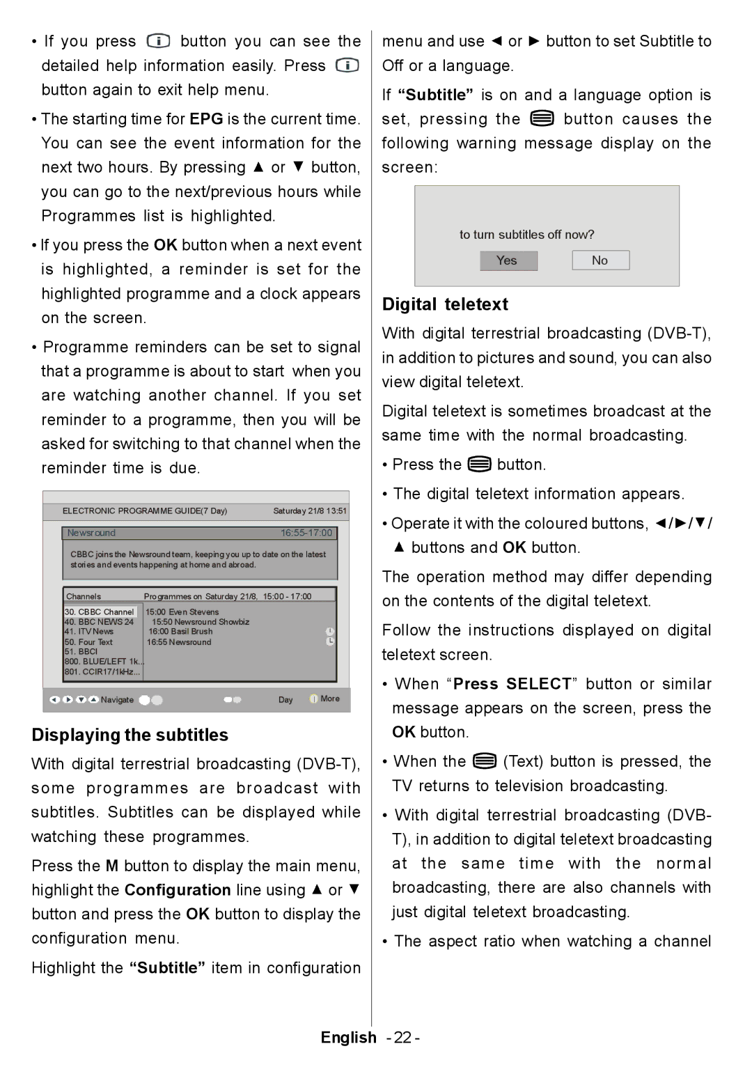 Electrolux ETV45000X user manual Displaying the subtitles, Digital teletext 