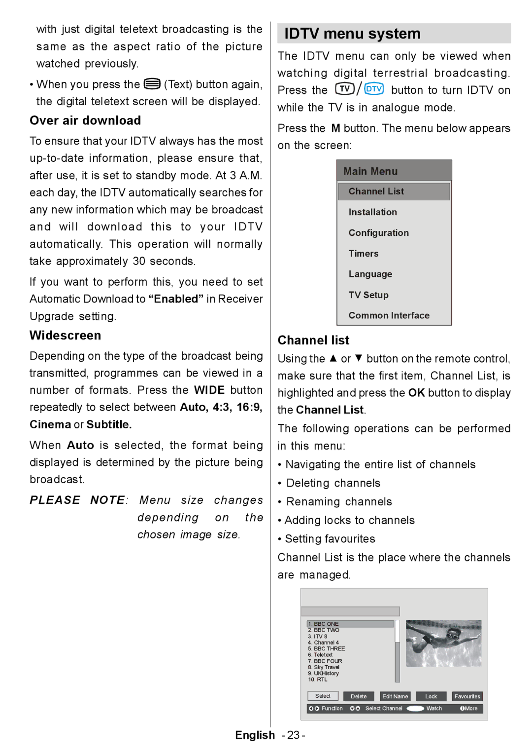 Electrolux ETV45000X user manual Idtv menu system, Over air download, Widescreen, Channel list, Cinema or Subtitle 