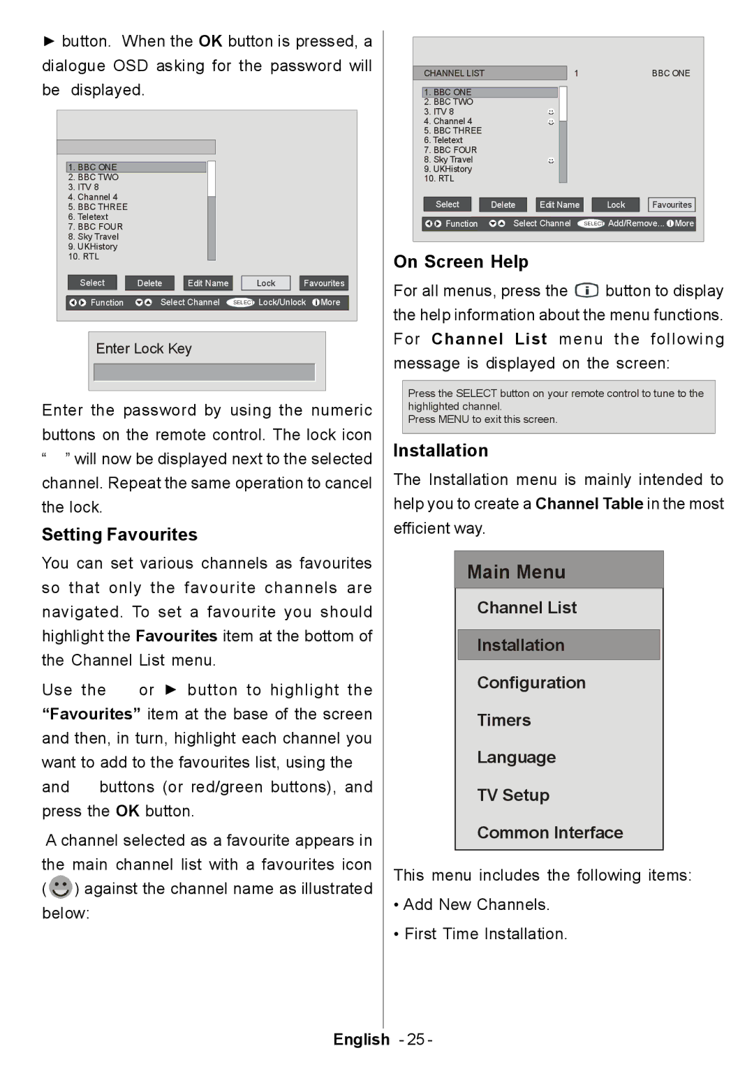 Electrolux ETV45000X user manual Setting Favourites, On Screen Help 