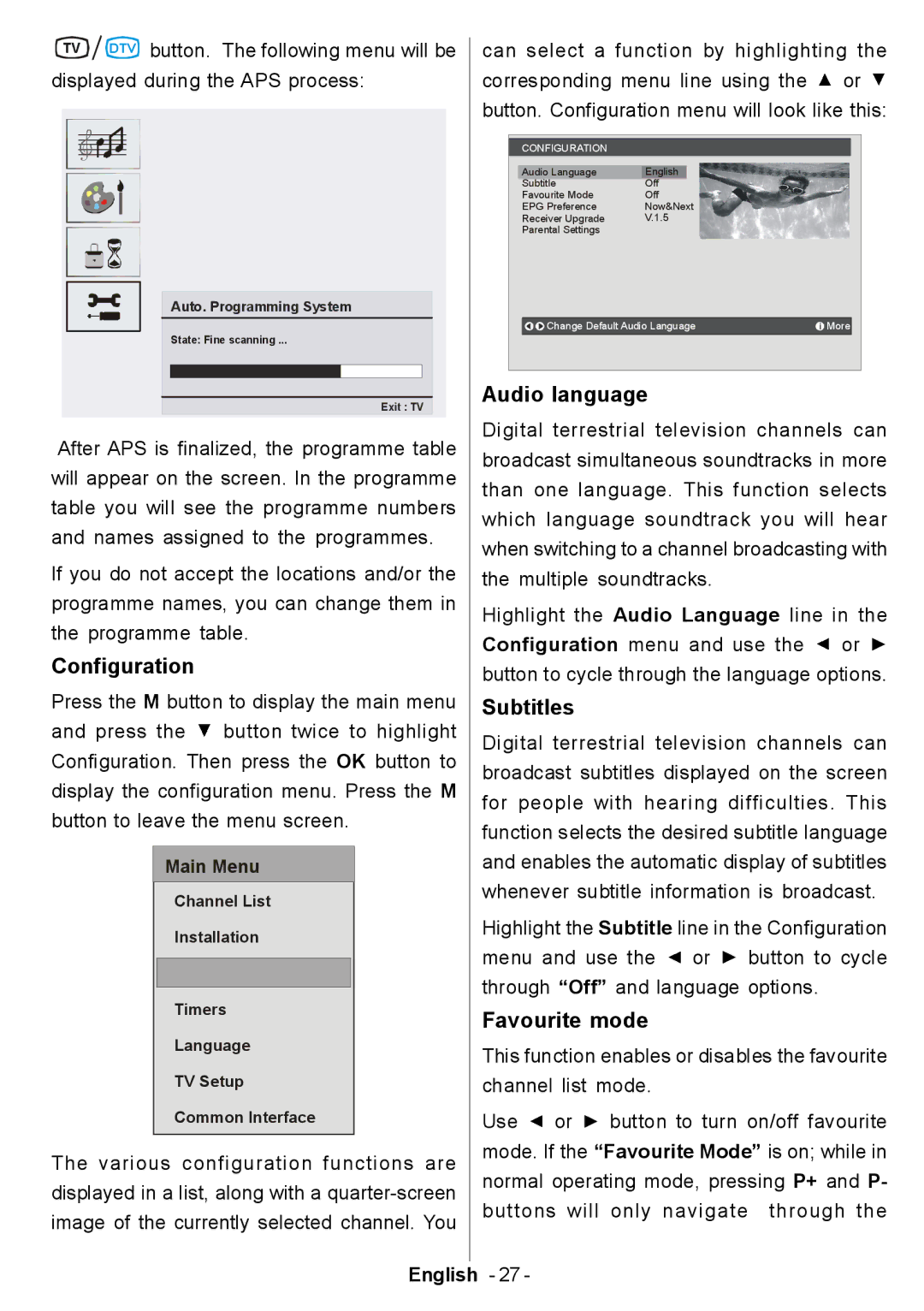 Electrolux ETV45000X user manual Configuration, Audio language, Subtitles, Favourite mode 