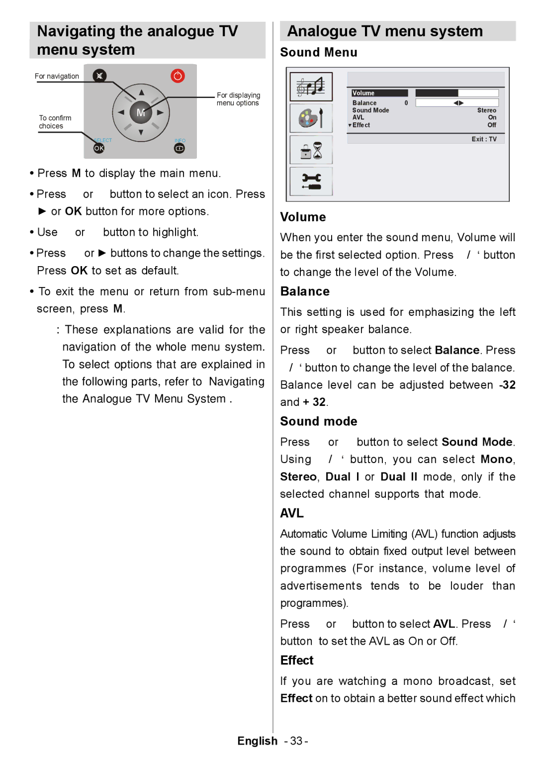 Electrolux ETV45000X user manual Navigating the analogue TV menu system, Analogue TV menu system 