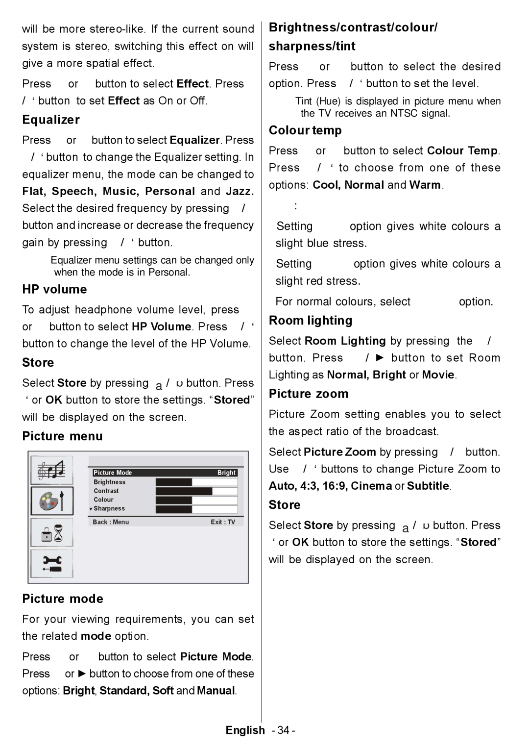 Electrolux ETV45000X Equalizer, HP volume, Store, Picture menu, Picture mode, Brightness/contrast/colour Sharpness/tint 
