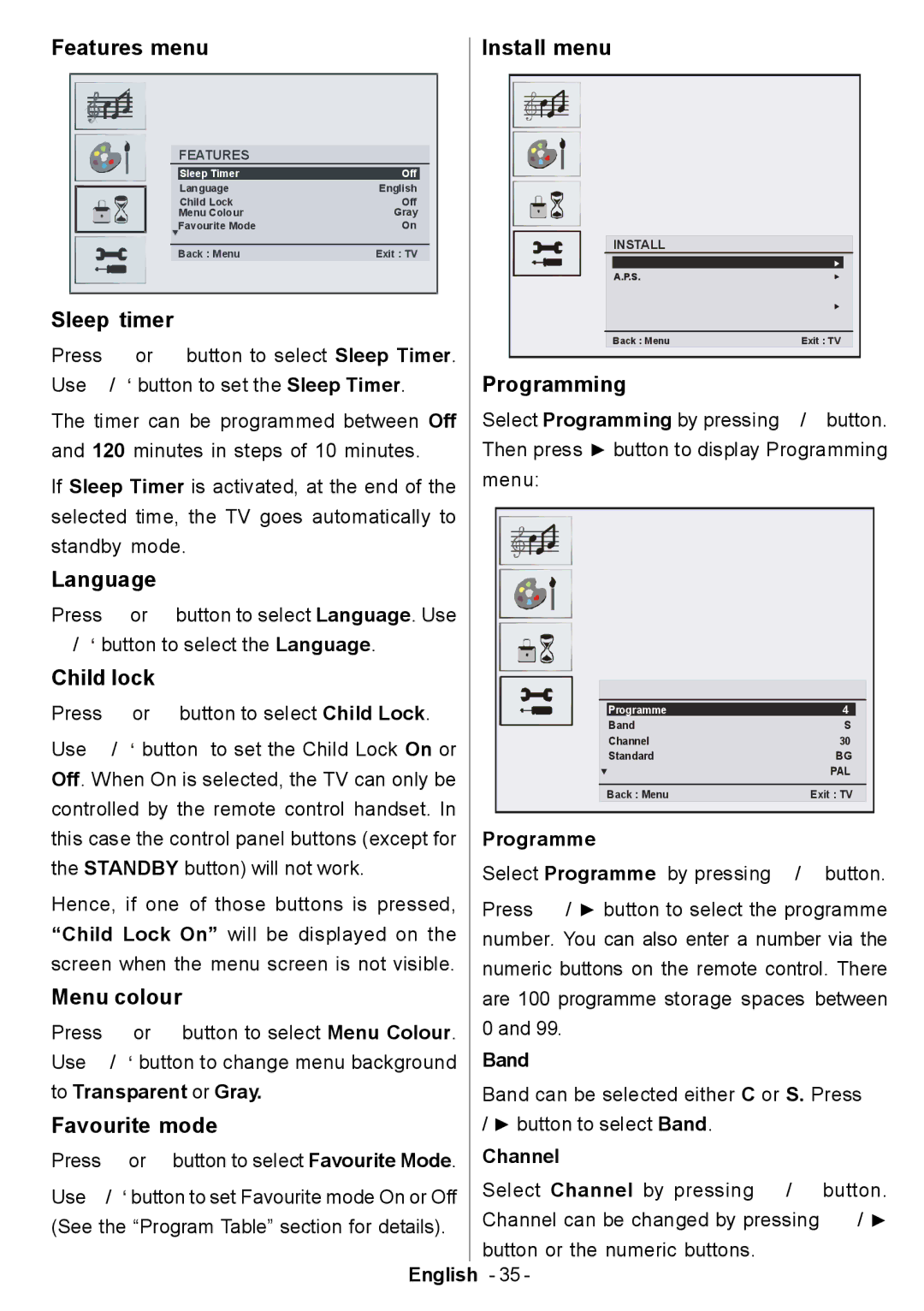 Electrolux ETV45000X user manual Features menu Install menu, Sleep timer, Programming, Child lock, Menu colour 