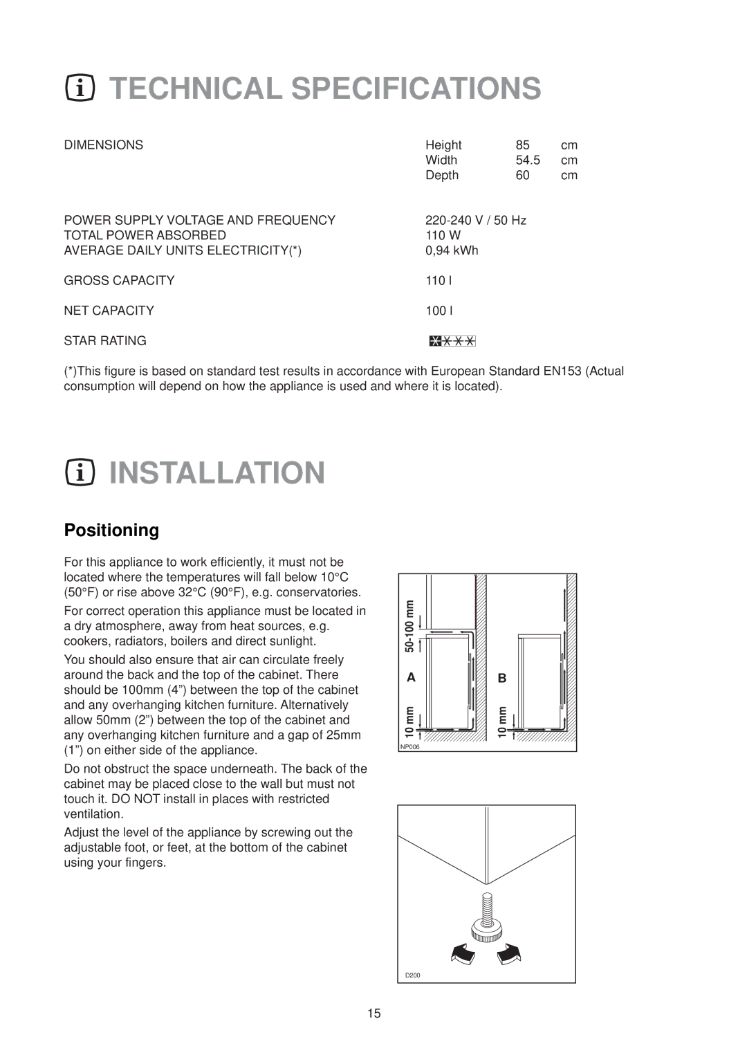 Electrolux EU 1130 T manual Technical Specifications, Installation, Positioning 