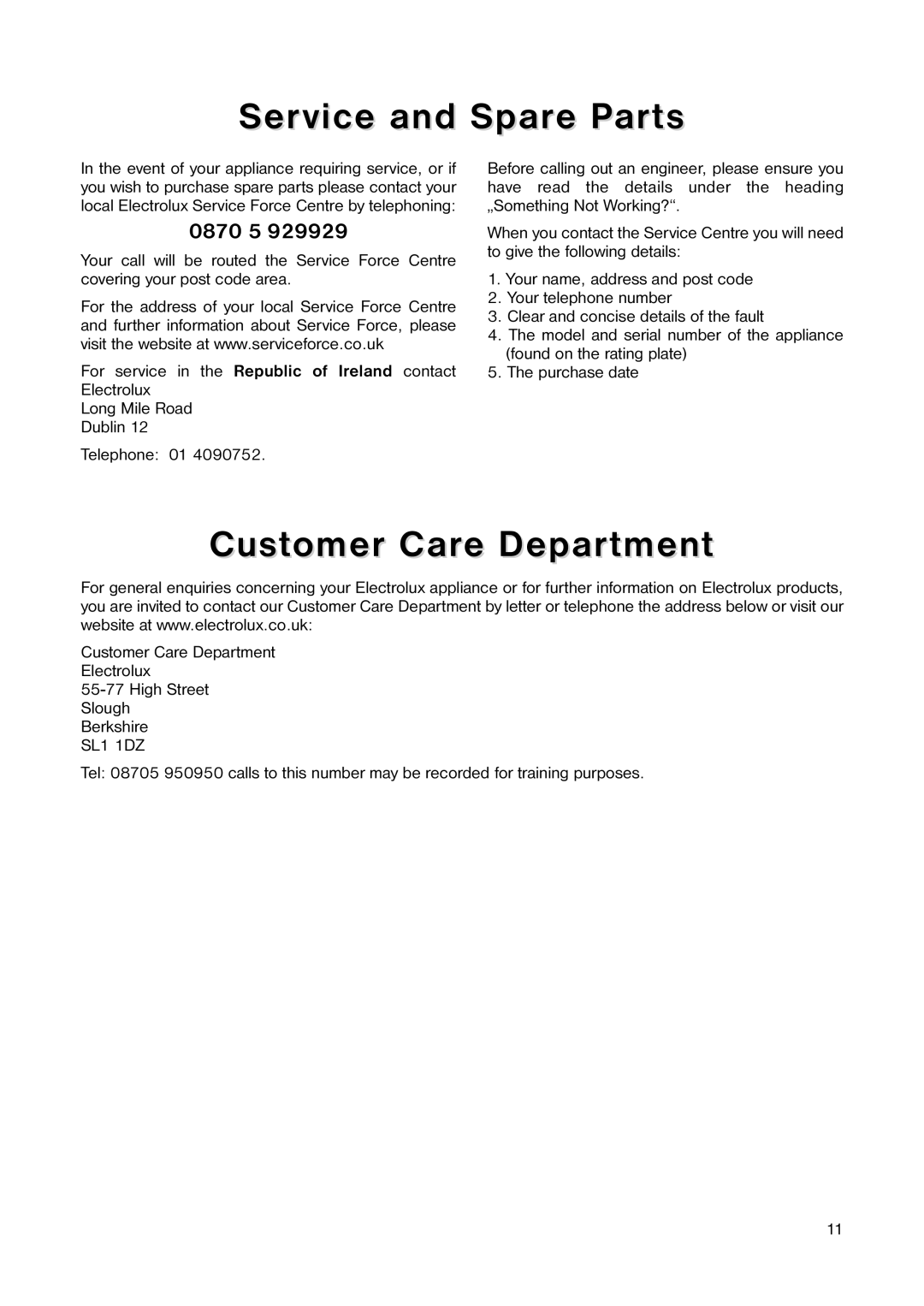 Electrolux EU 1241 T manual Service and Spare Parts, Customer Care Department, 0870 5 