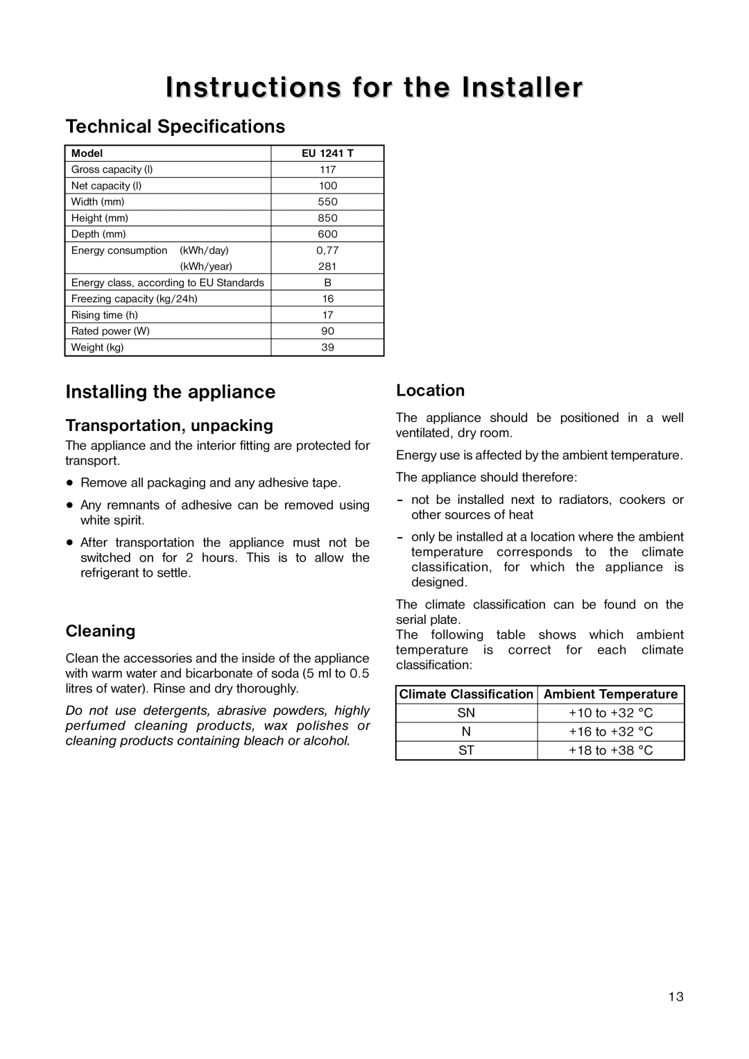 Electrolux EU 1241 T manual Instructions for the Installer, Technical Specifications, Installing the appliance 