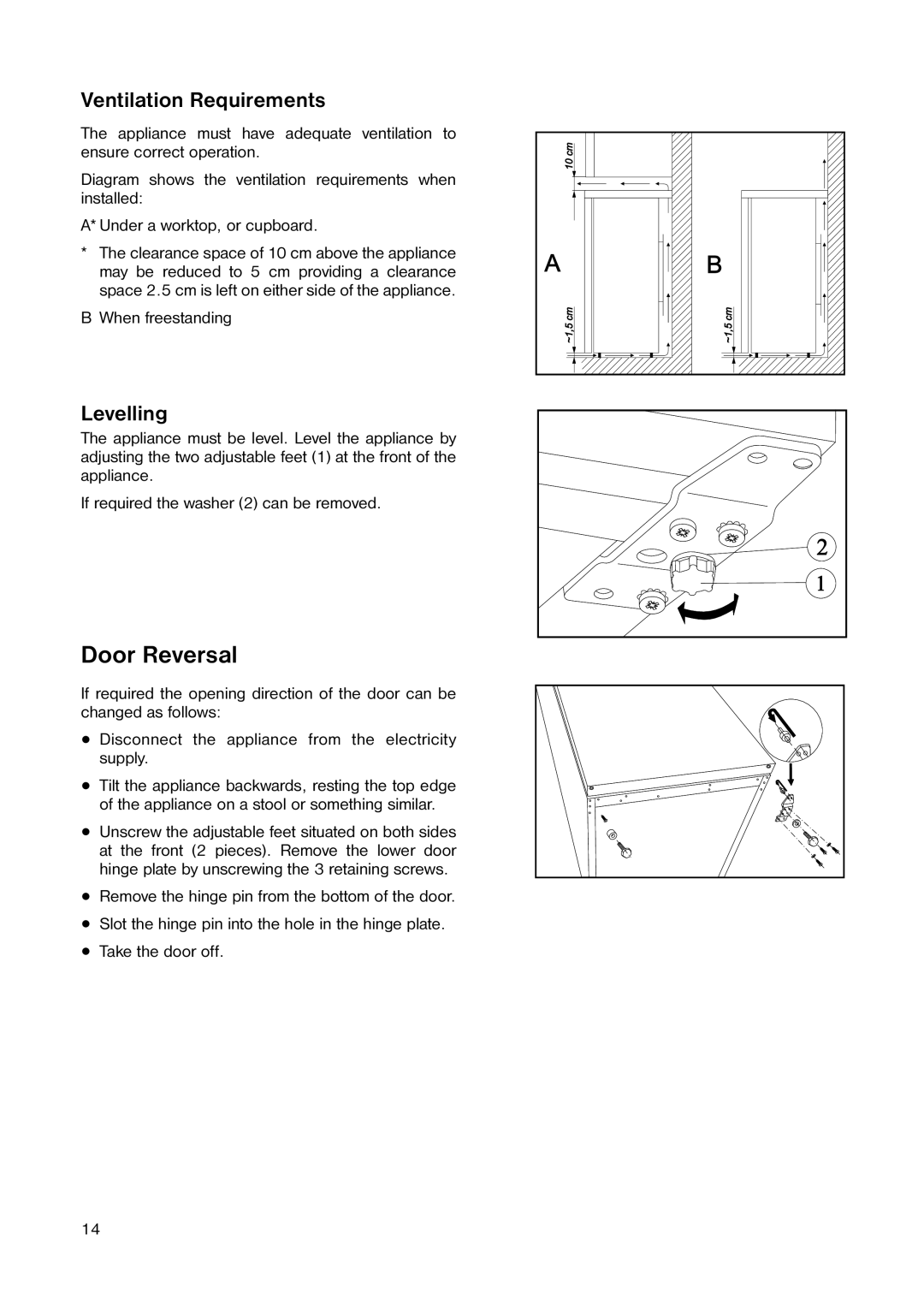 Electrolux EU 1241 T manual Door Reversal, Ventilation Requirements, Levelling 