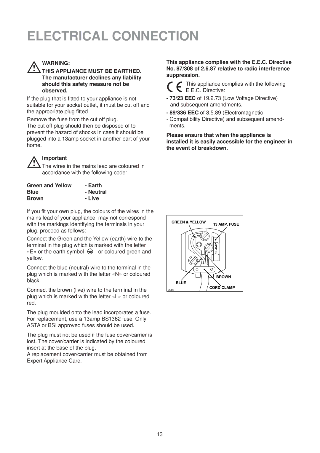 Electrolux EU 1322 T manual Electrical Connection, Green and Yellow Earth Blue Neutral Brown Live 