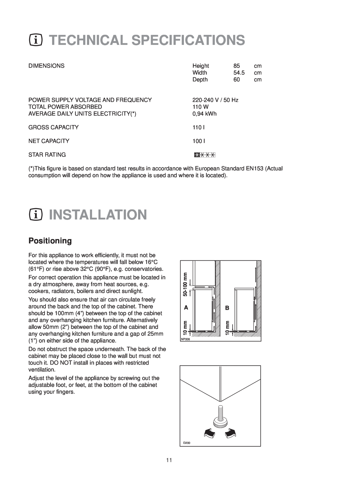 Electrolux EU 1322 T manual Technical Specifications, Installation, Positioning 