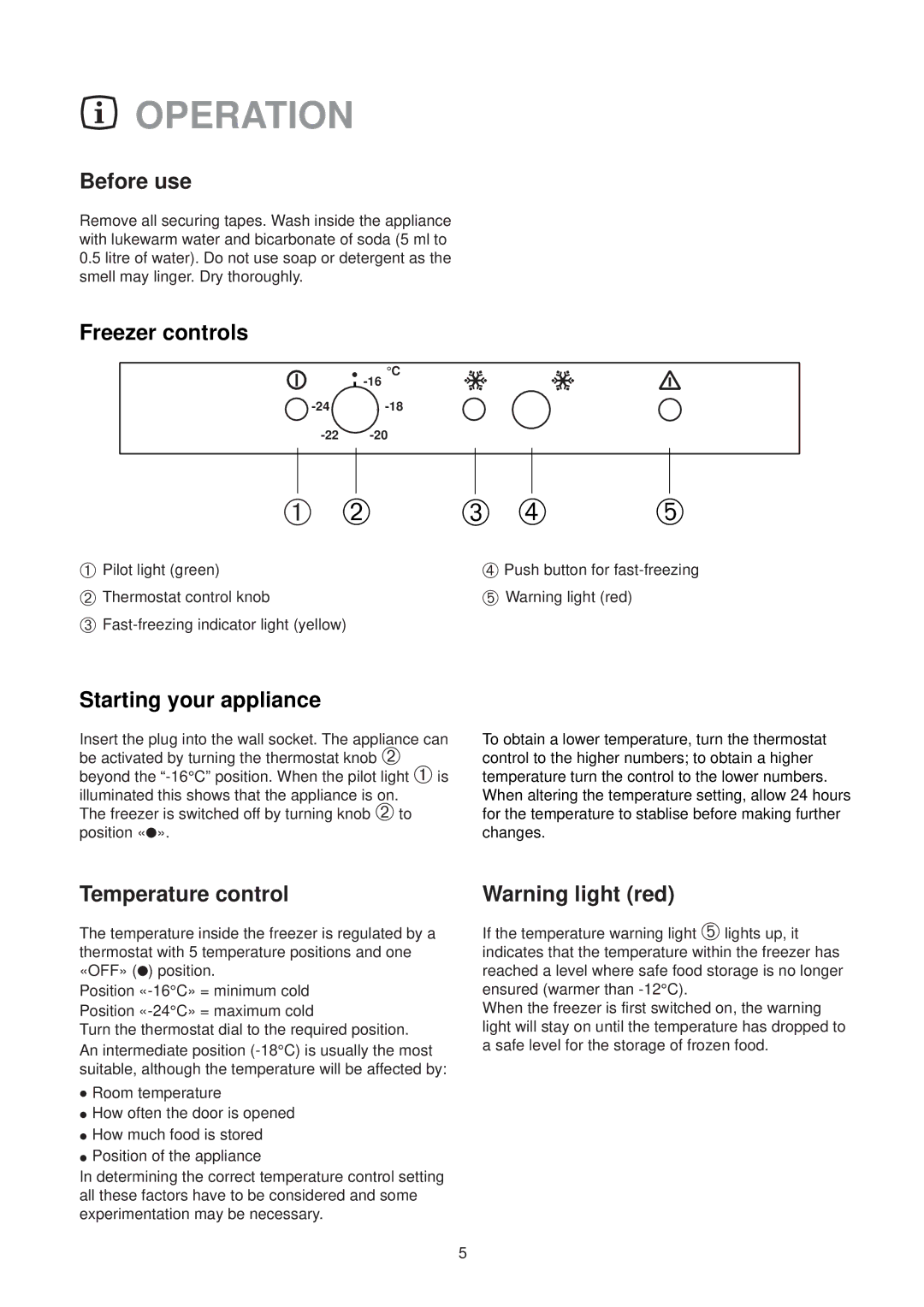 Electrolux EU 1323T manual Operation, Before use, Freezer controls, Starting your appliance, Temperature control 