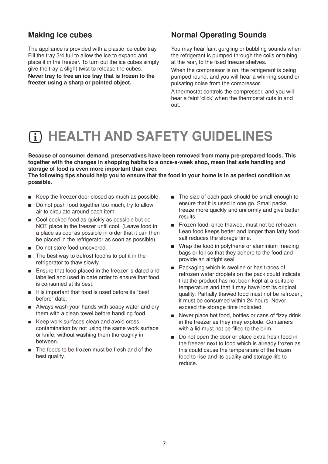 Electrolux EU 1327T manual Health and Safety Guidelines, Making ice cubes, Normal Operating Sounds 