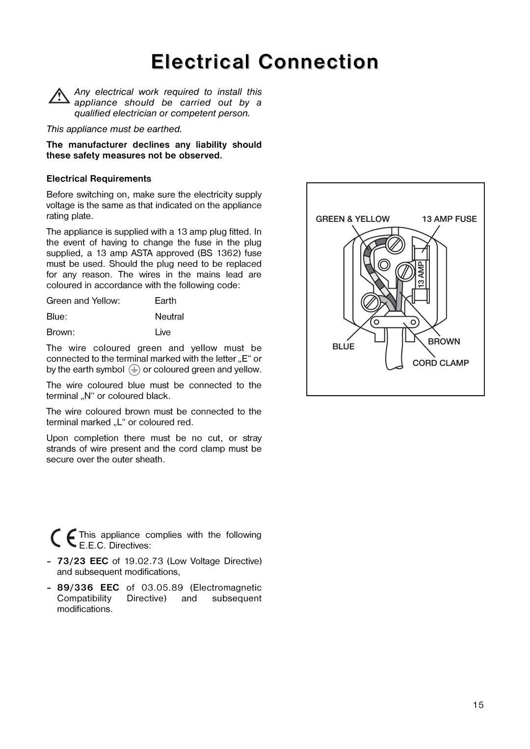 Electrolux EU 1341 T manual Electrical Connection, Brown Live 