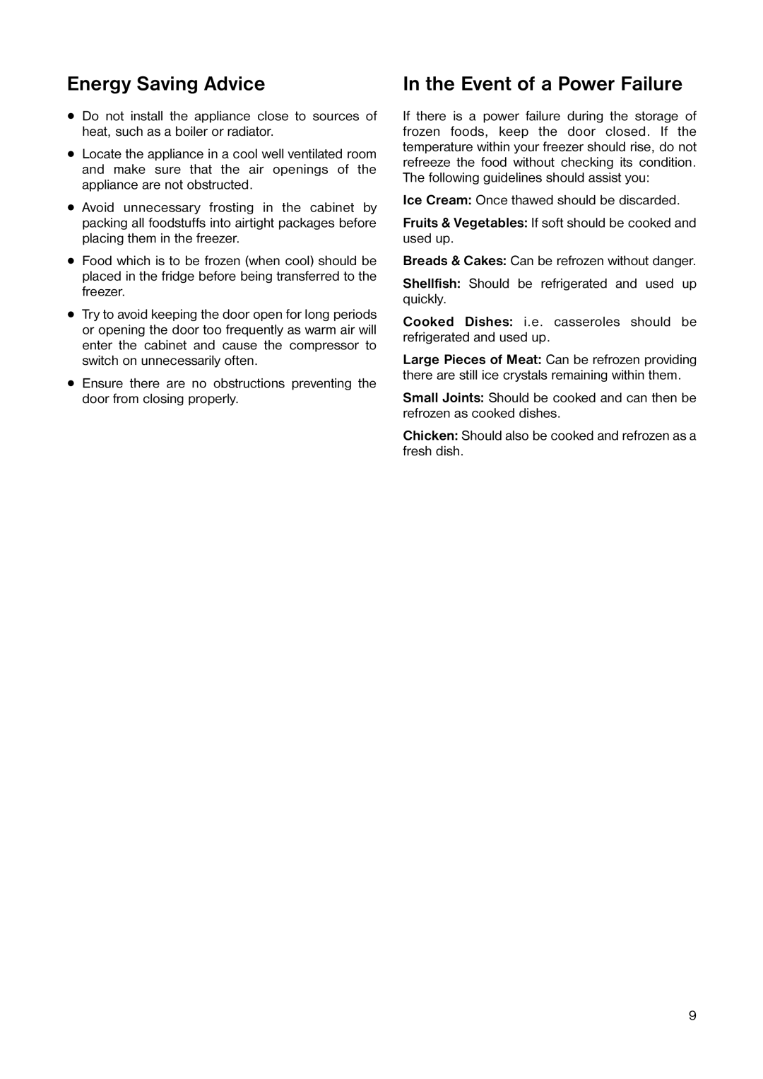 Electrolux EU 1341 T manual Energy Saving Advice, Event of a Power Failure 