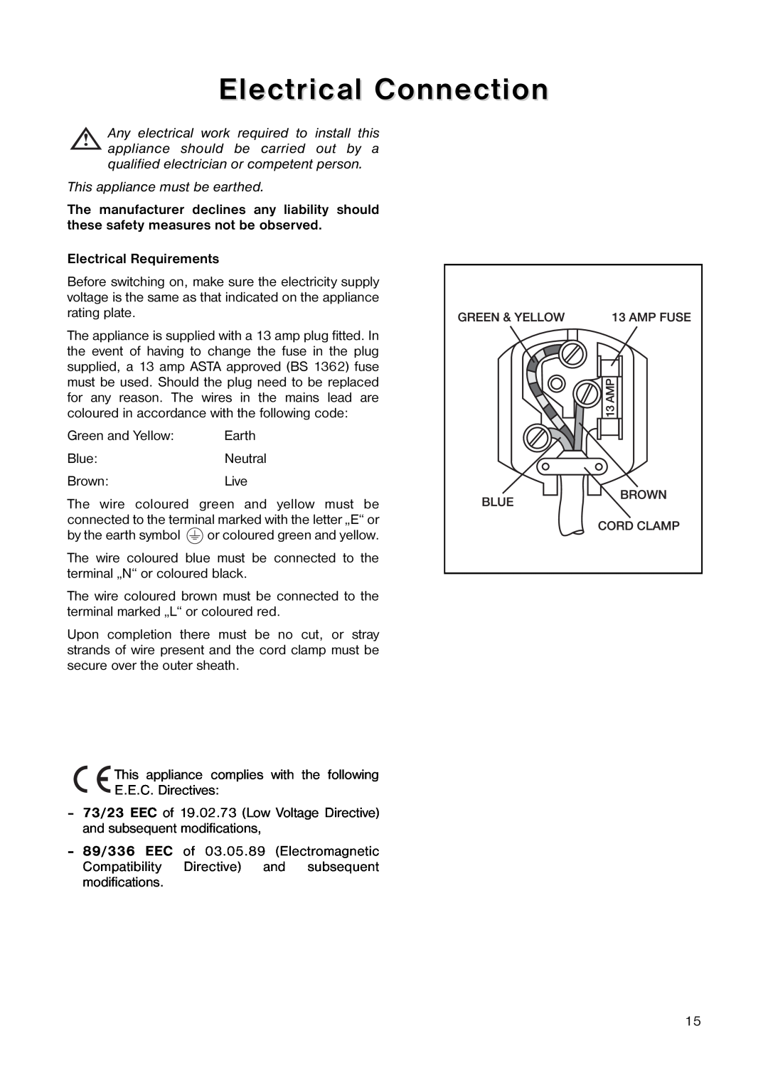 Electrolux EU 1341 T manual Electrical Connection, This appliance must be earthed, Electrical Requirements 