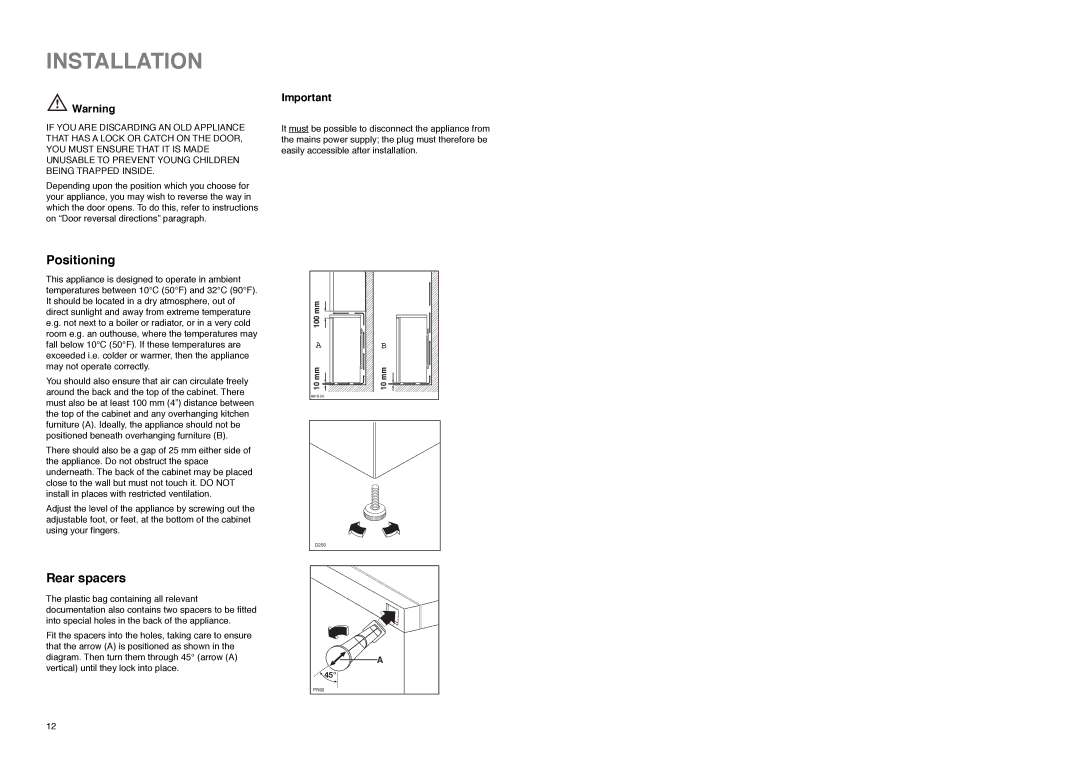 Electrolux EU 2120 C manual Installation, Positioning, Rear spacers 