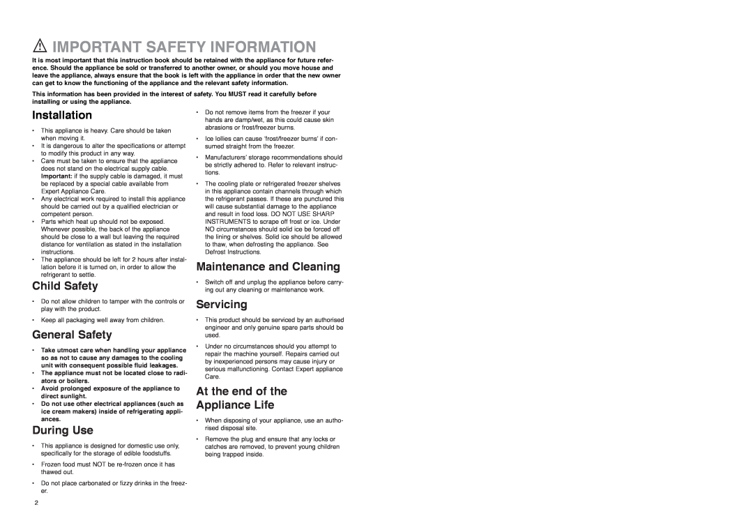 Electrolux EU 2120 C manual Important Safety Information, Installation, Child Safety, General Safety, During Use, Servicing 