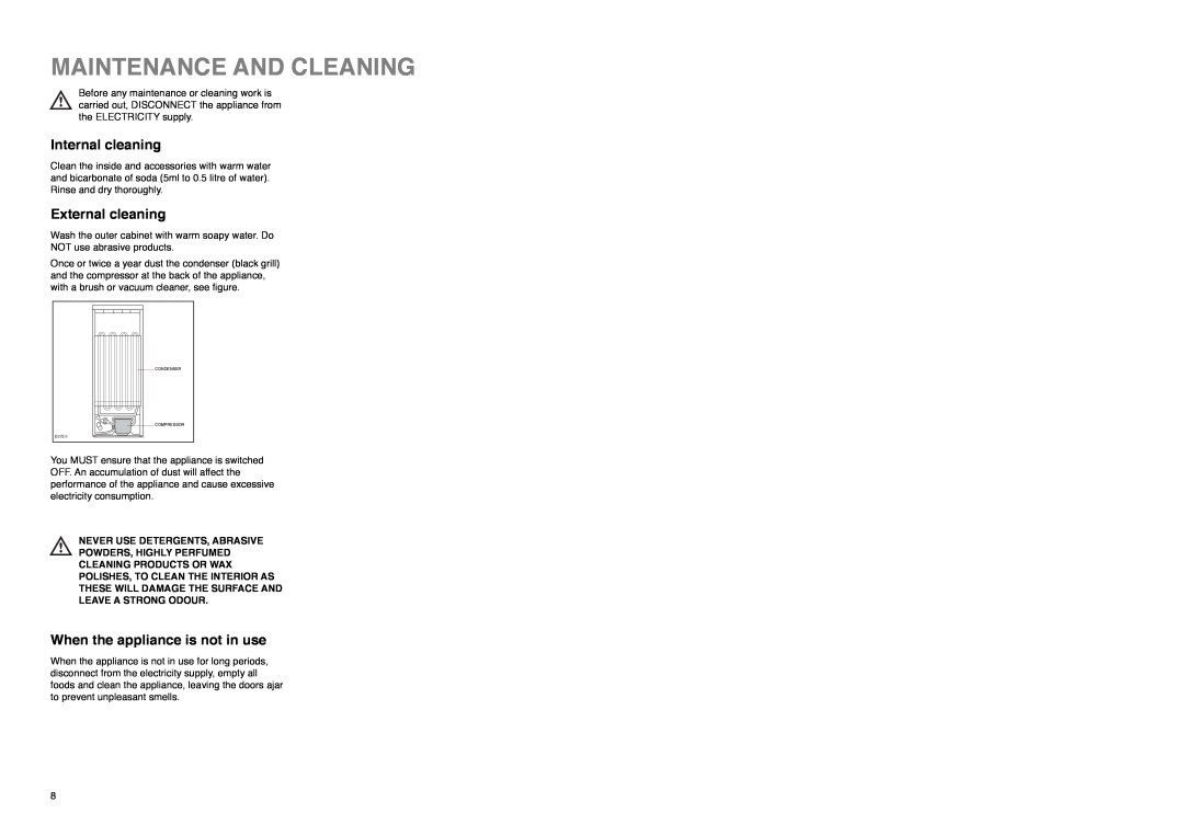 Electrolux EU 2120 C Maintenance And Cleaning, Internal cleaning, External cleaning, When the appliance is not in use 