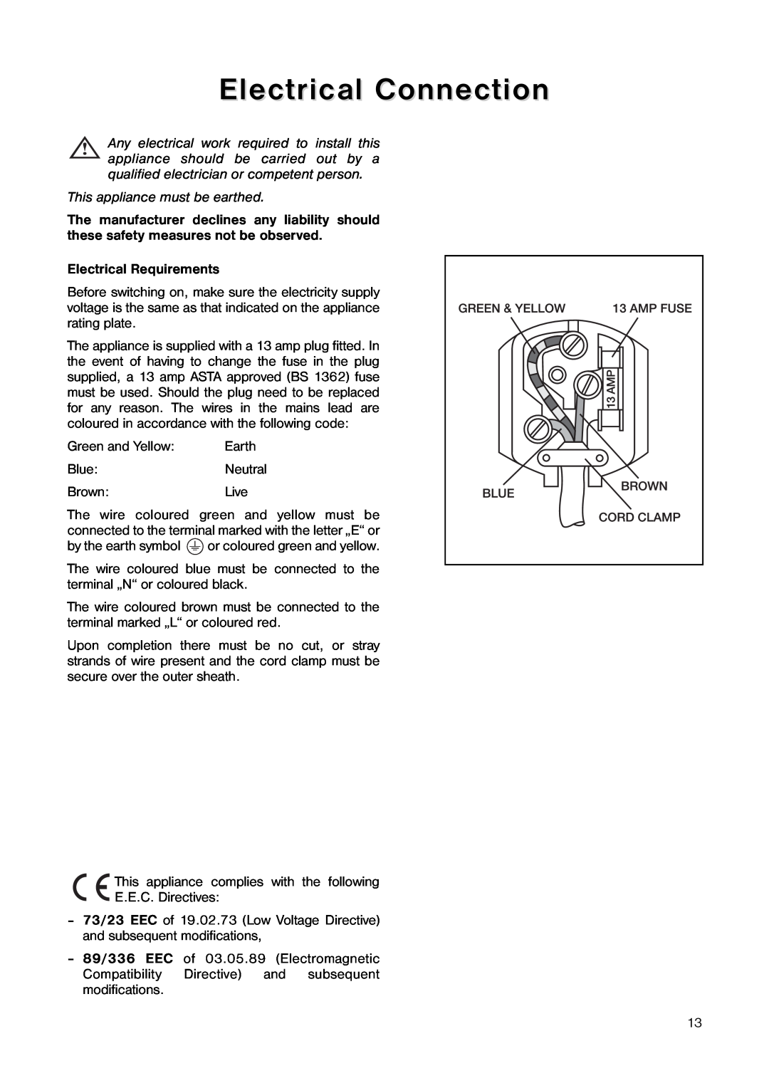 Electrolux EU 5563 C manual Electrical Connection, This appliance must be earthed, Electrical Requirements 