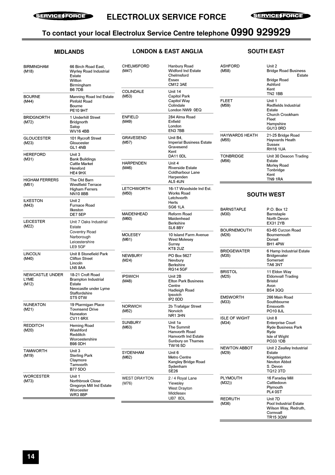 Electrolux EU 6047T / BU, EU 6047T / GR, EU 6047T / YE instruction manual Midlands LO DON & East Anglia South East South West 