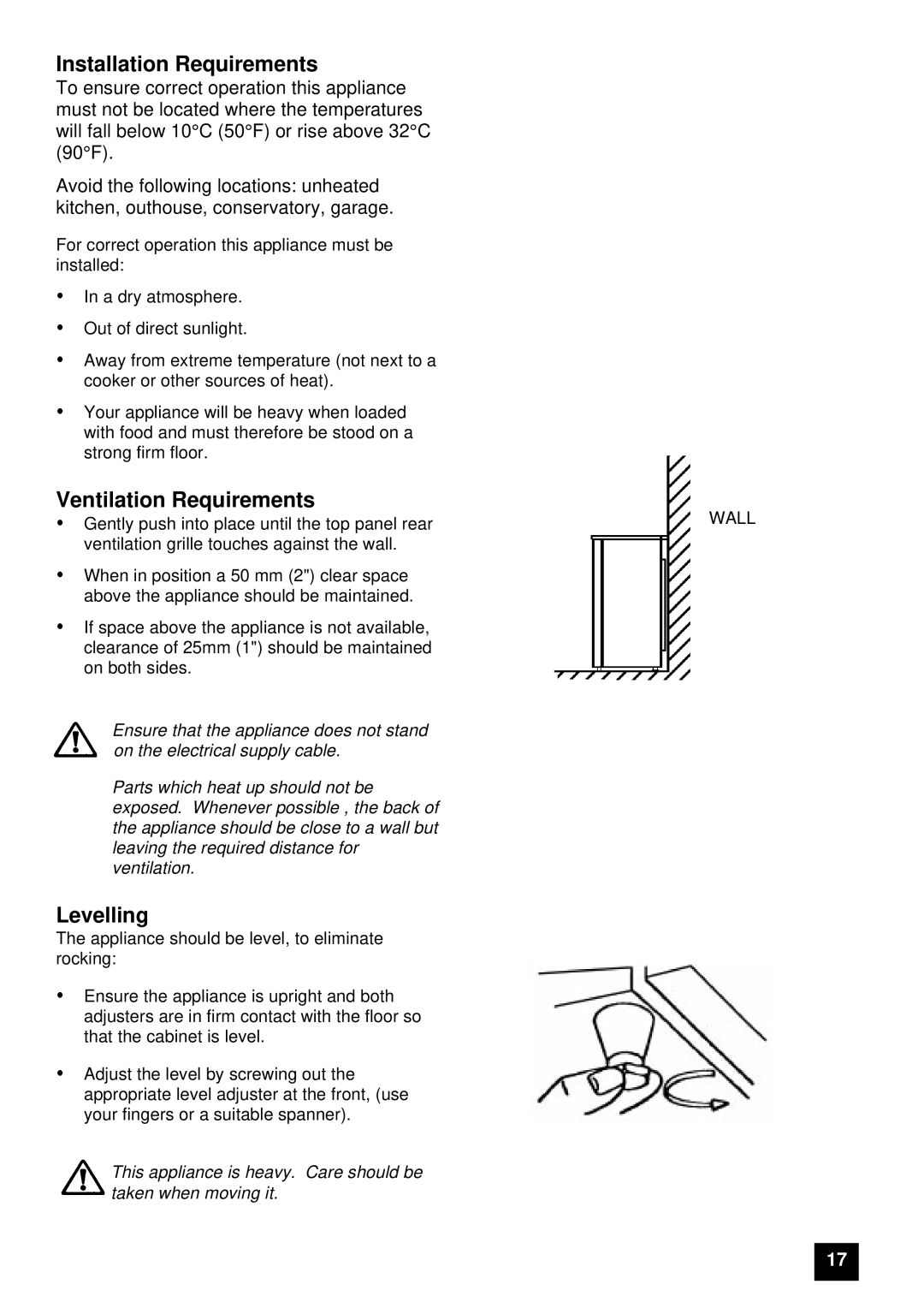 Electrolux EU 6047T / YE, EU 6047T / GR, EU 6047T / BU Installation Requirements, Ventilation Requirements, Levelling 