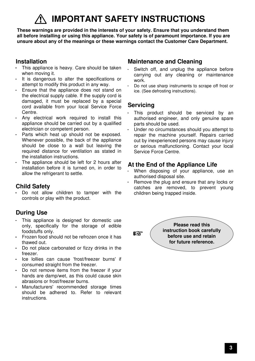 Electrolux EU 6047T Important Safety Instructions, Installation, Child Safety, Maintenance and Cleaning, Servicing 
