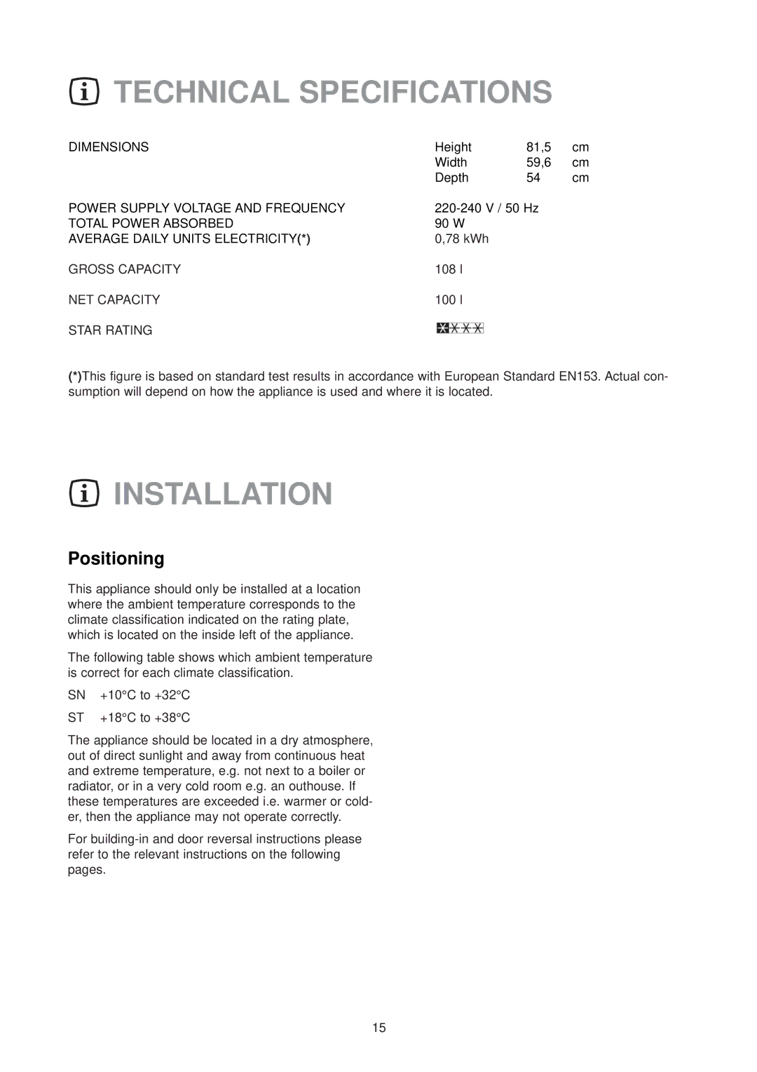 Electrolux EU 6134 U instruction manual Technical Specifications, Installation, Positioning 