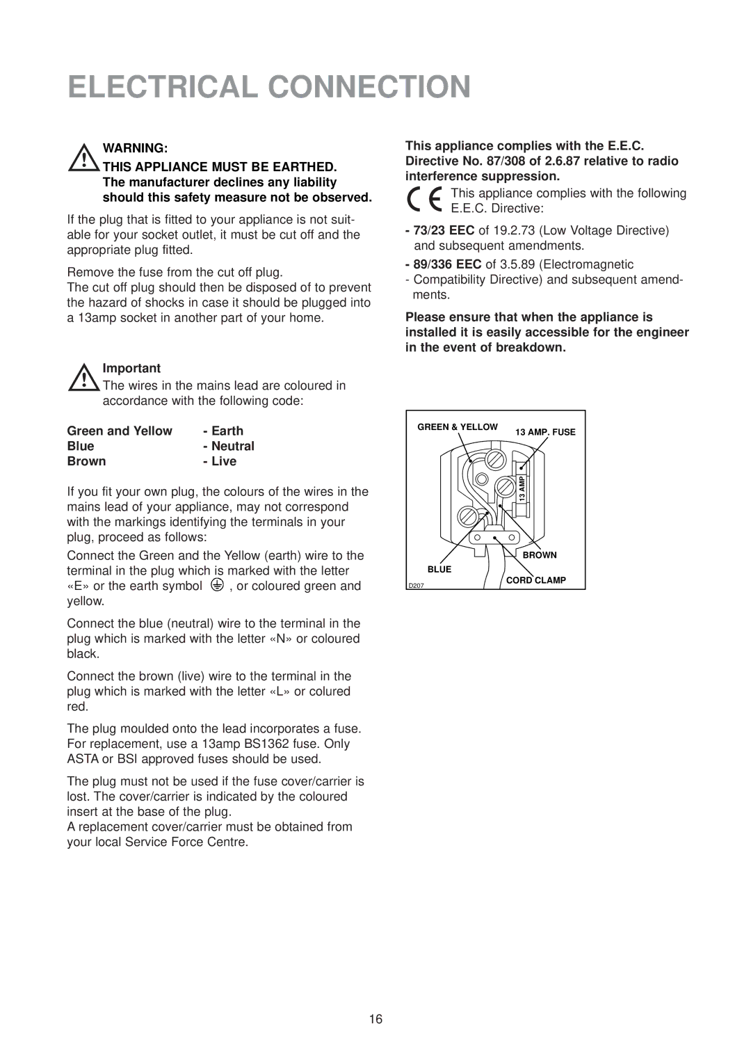 Electrolux EU 6134 U instruction manual Electrical Connection, Green and Yellow Earth Blue Neutral Brown Live 