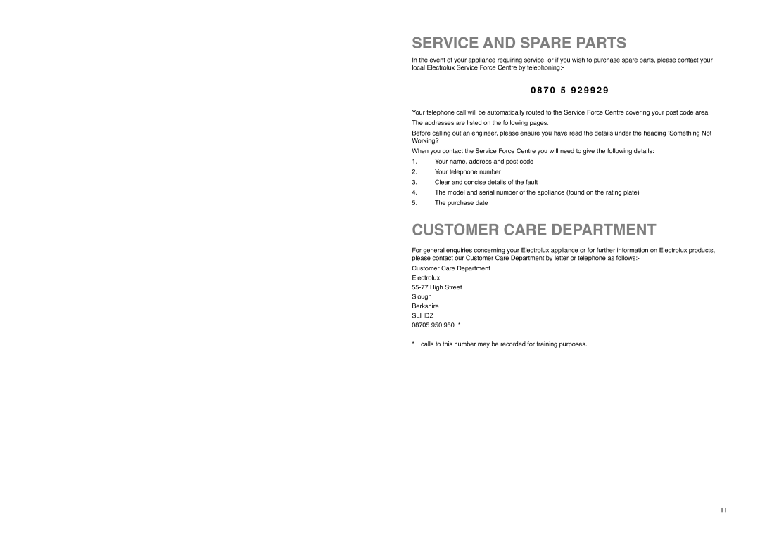 Electrolux EU 6233 I manual Service and Spare Parts, Customer Care Department, 7 0 5 9 2 9 9 2 