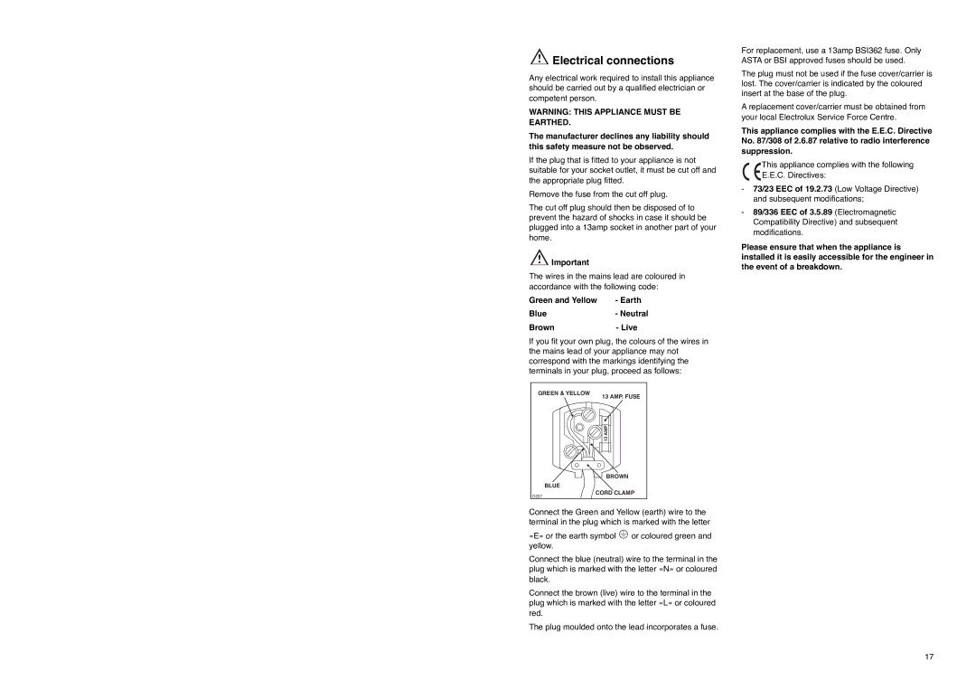 Electrolux EU 6233 I manual Electrical connections, Green and Yellow Earth Blue- Neutral Brown- Live 
