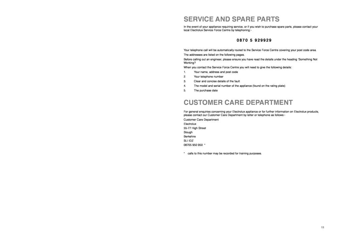 Electrolux EU 6233 I manual Service And Spare Parts, Customer Care Department, 0 8 7 0 5 9 2 9 9 2 