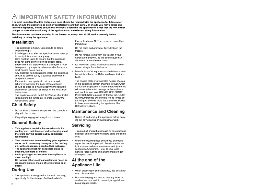 Electrolux EU 6233 I manual Important Safety Information, Installation, Child Safety, General Safety, During Use, Servicing 