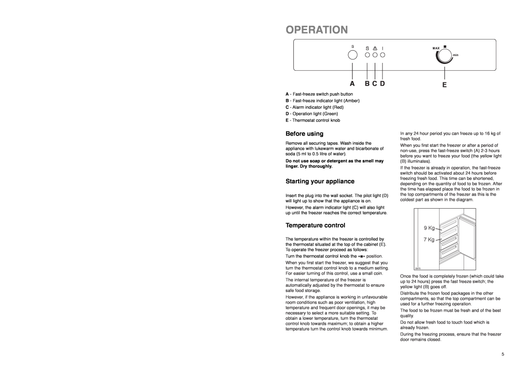 Electrolux EU 6233 I manual Operation, Before using, Starting your appliance, Temperature control, A B C D, 9 Kg 7 Kg 