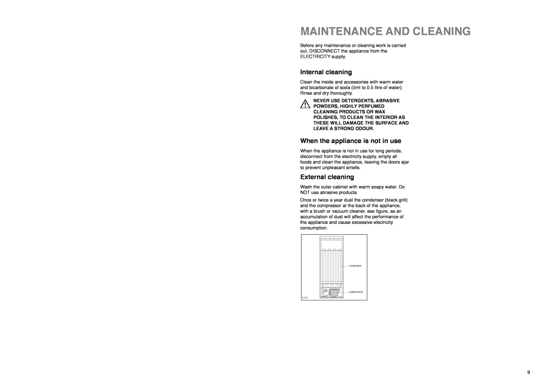 Electrolux EU 6233 I Maintenance And Cleaning, Internal cleaning, When the appliance is not in use, External cleaning 