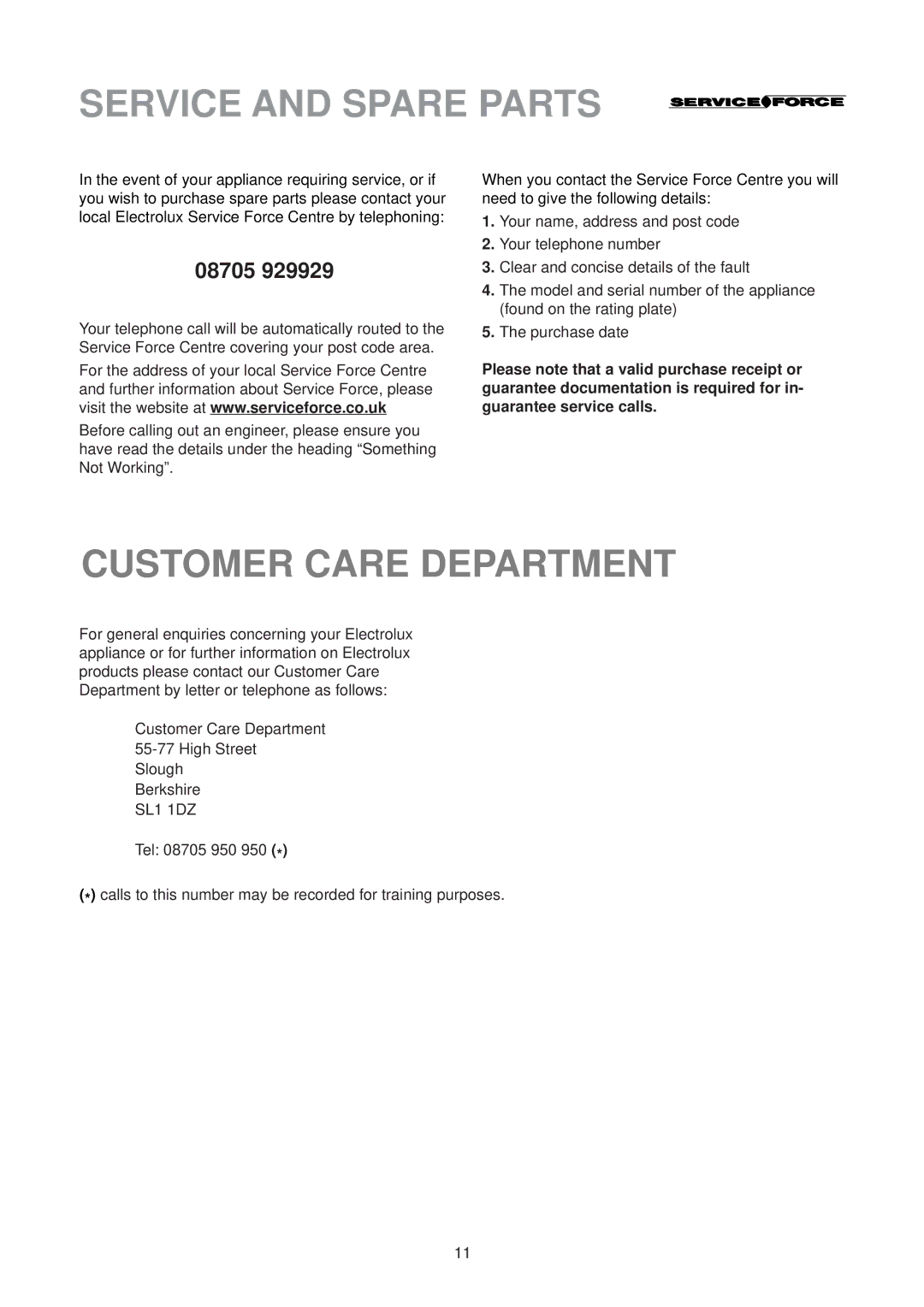 Electrolux EU 6233 manual Service and Spare Parts, Customer Care Department, 08705 