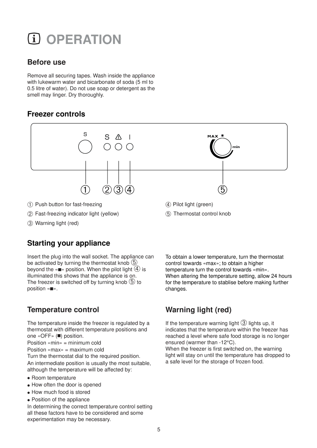 Electrolux EU 6233 manual Operation, Before use, Freezer controls, Starting your appliance, Temperature control 