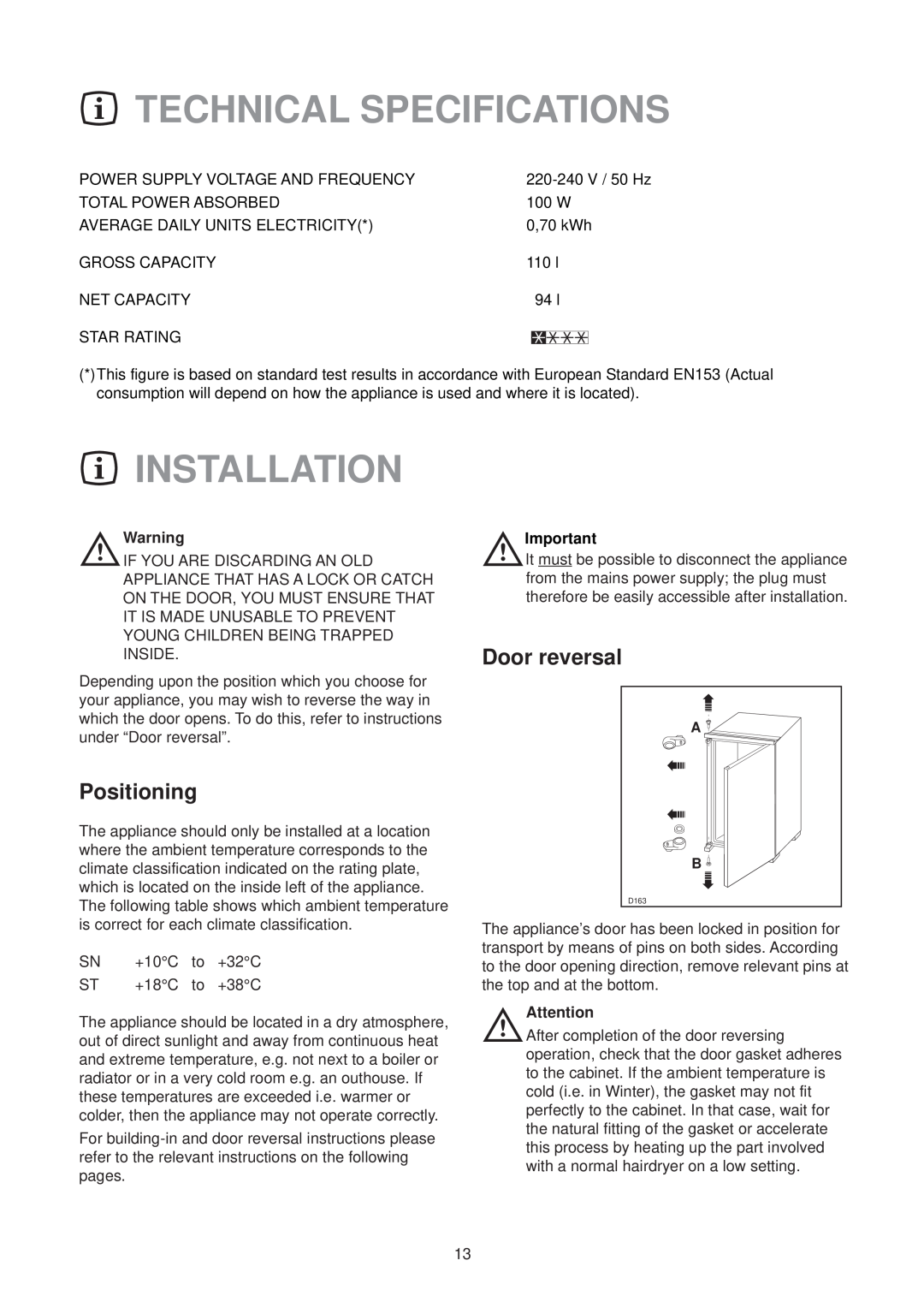 Electrolux EU 6233 manual Technical Specifications, Installation, Positioning, Door reversal 