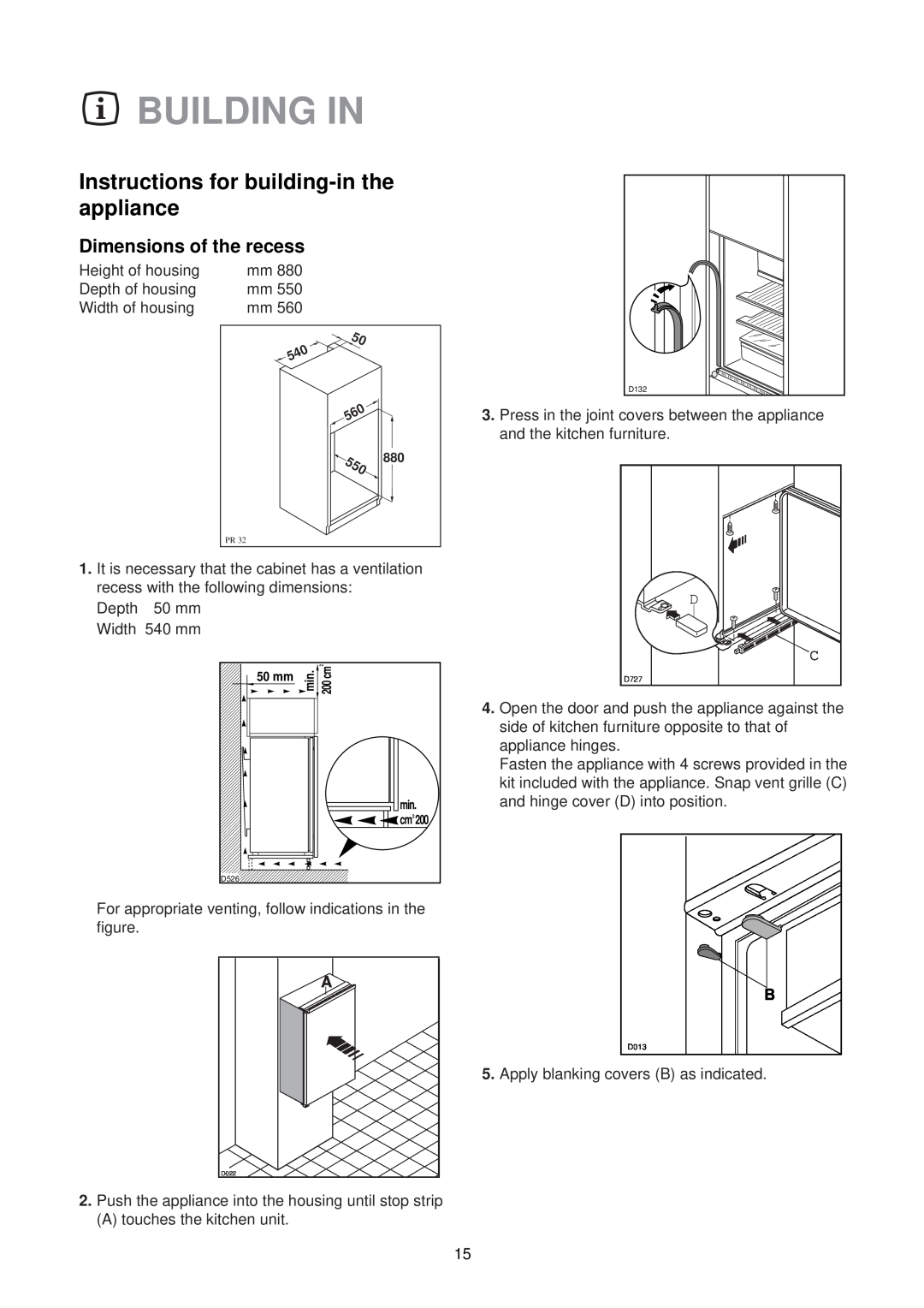 Electrolux EU 6233 manual Building In, Instructions for building-in the appliance, Dimensions of the recess 