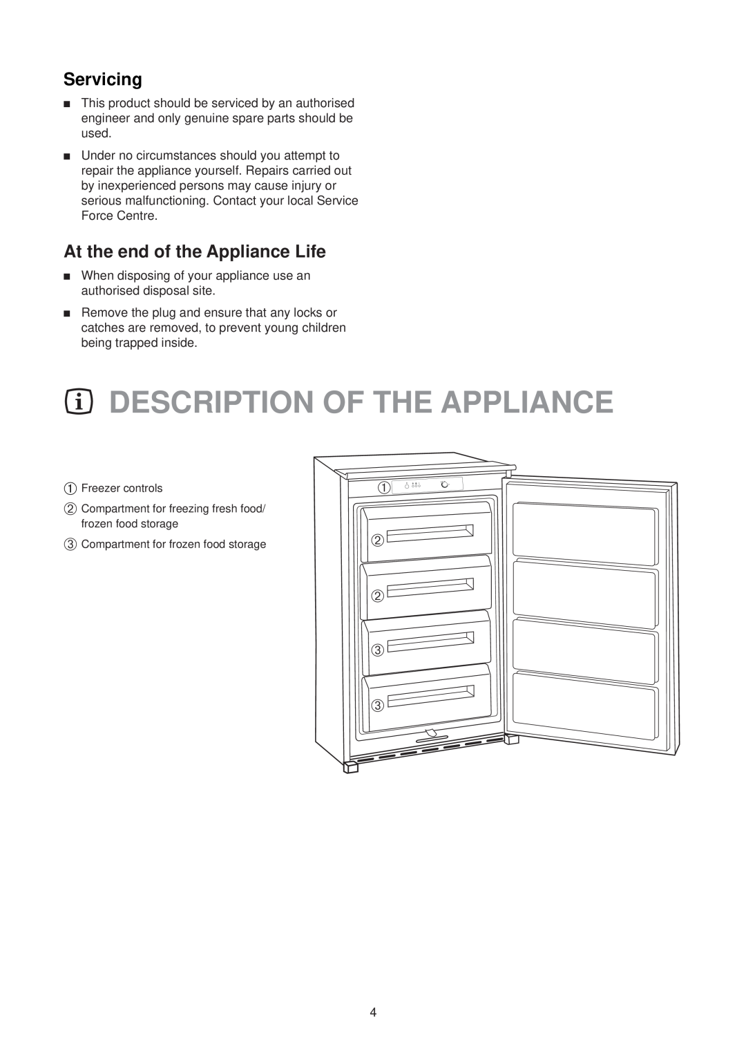 Electrolux EU 6233 manual Description Of The Appliance, Servicing, At the end of the Appliance Life, ➁ ➂ ➂ 