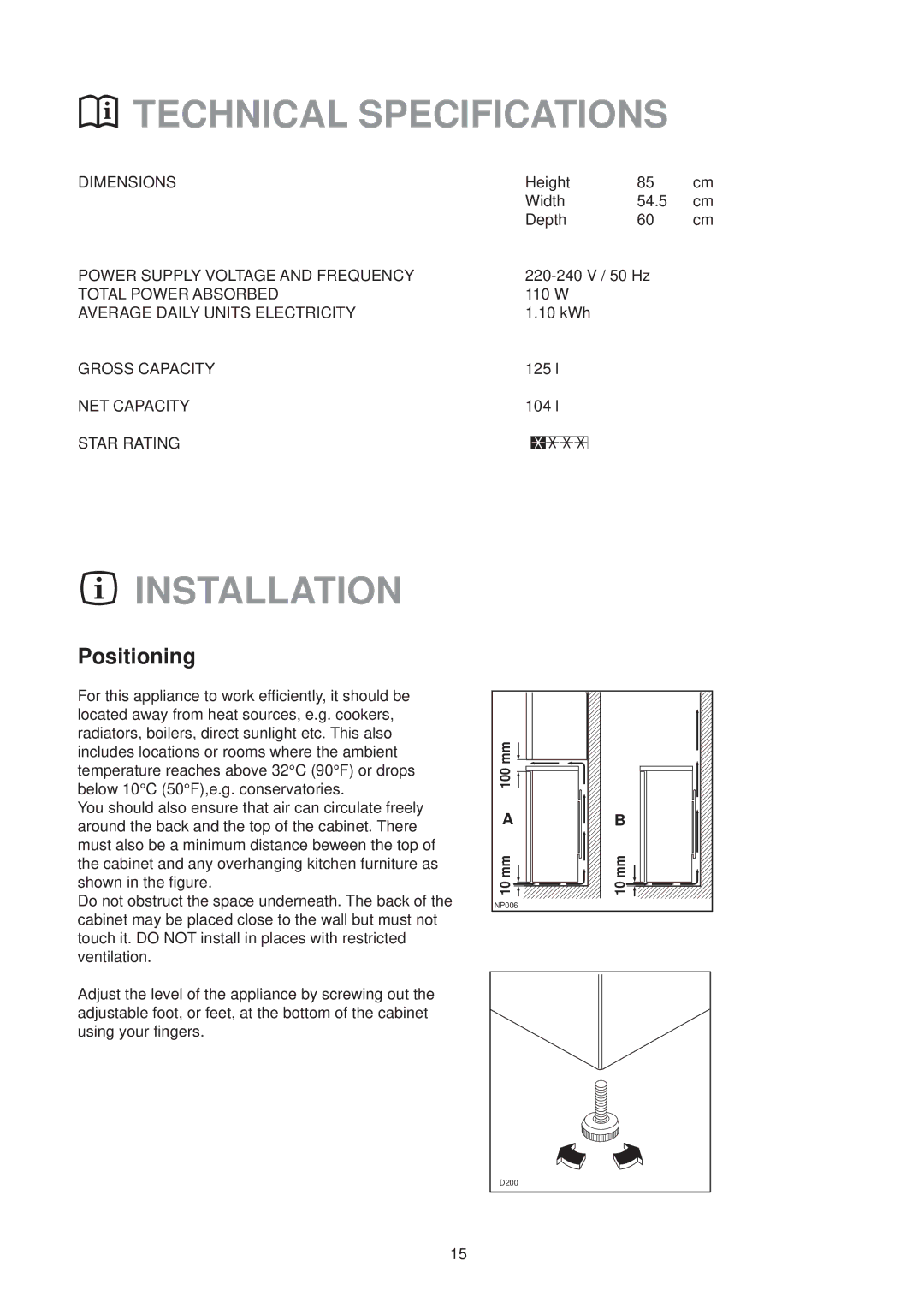 Electrolux EU 6321 manual Technical Specifications, Installation, Positioning 