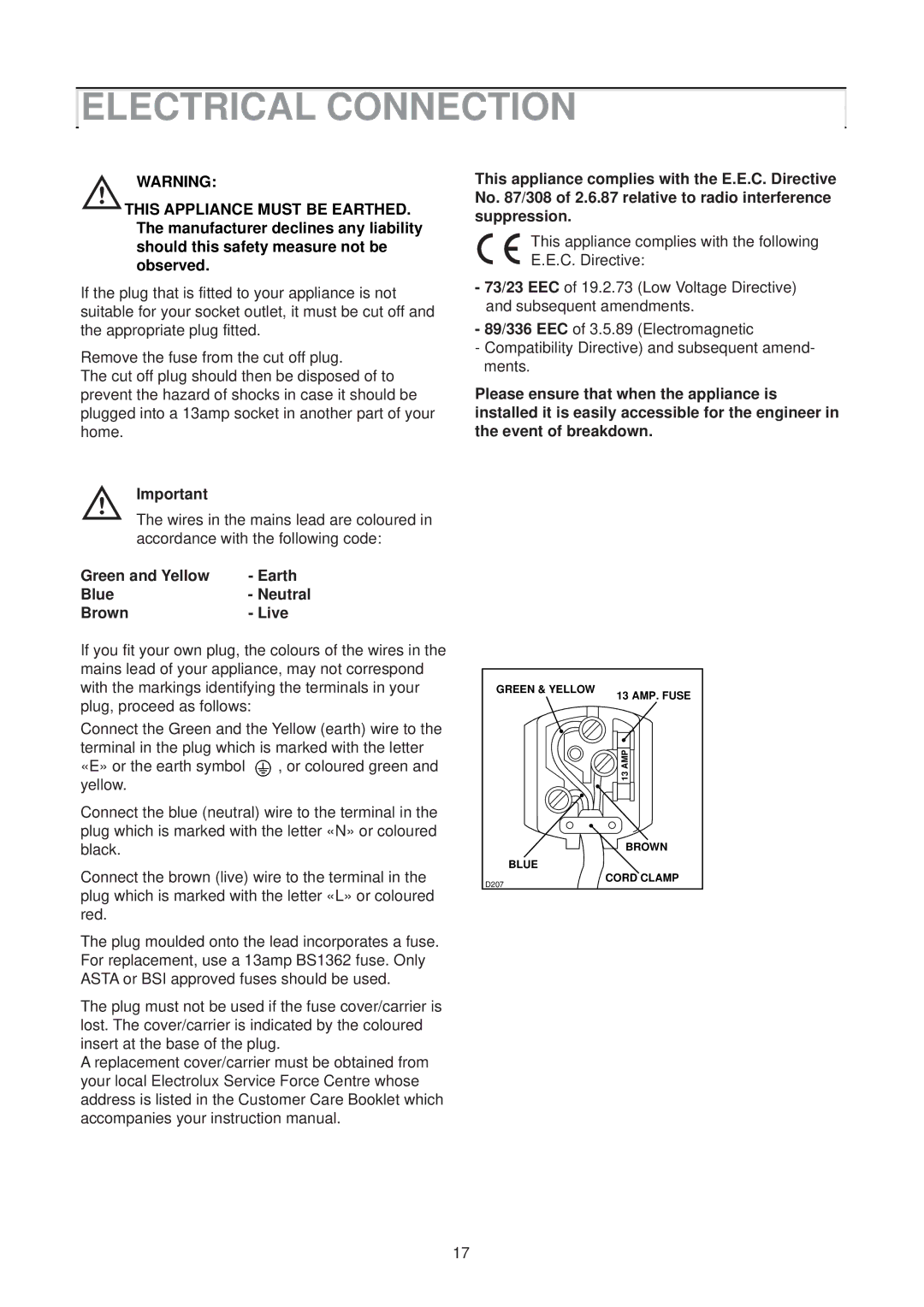 Electrolux EU 6321 manual Electrical Connection, Green and Yellow Earth Blue Neutral Brown Live 