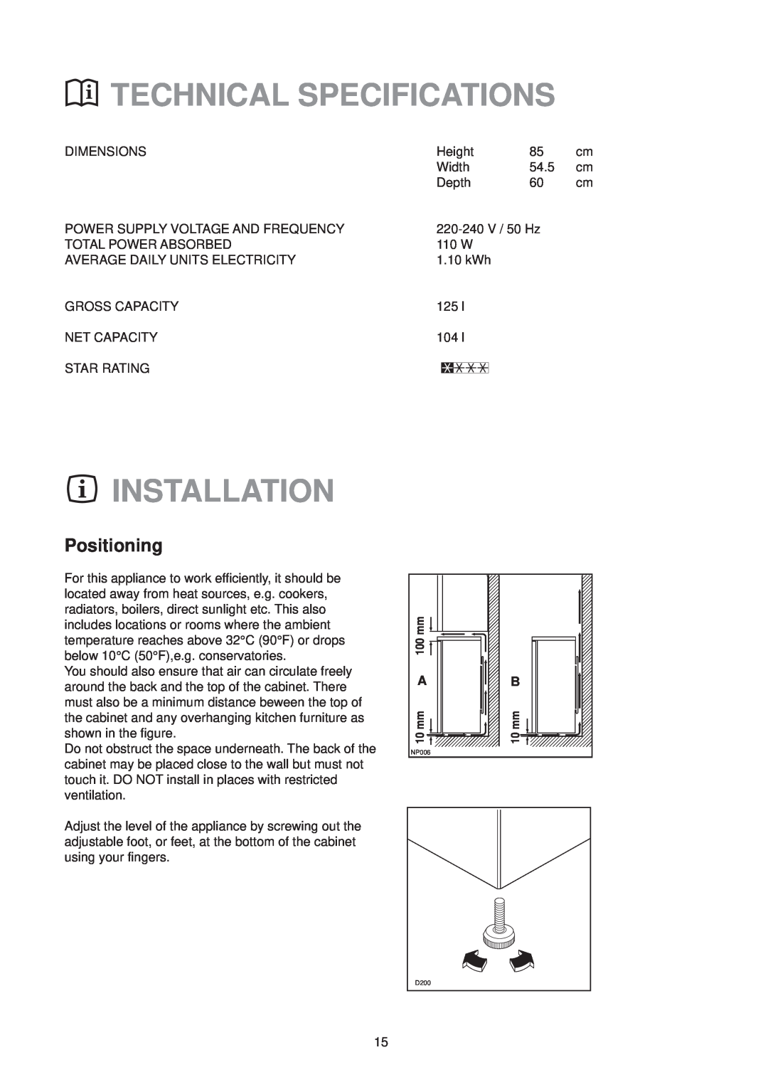 Electrolux EU 6321 manual Technical Specifications, Installation, Positioning 