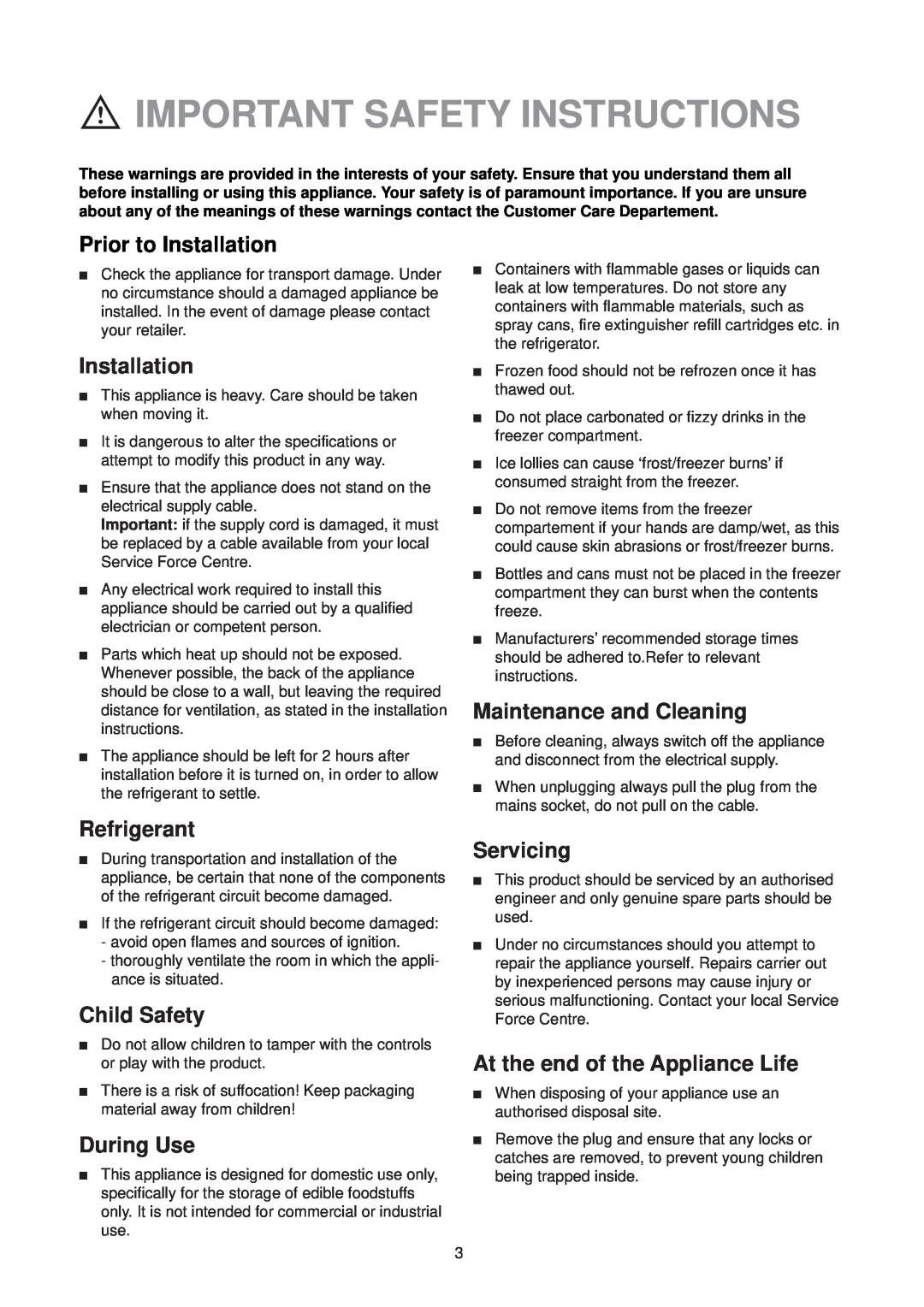 Electrolux EU 6321 Important Safety Instructions, Prior to Installation, Refrigerant, Child Safety, During Use, Servicing 