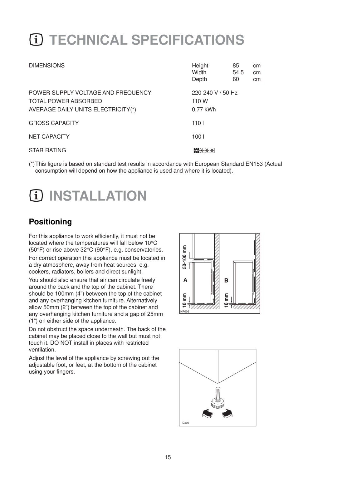 Electrolux EU 6328T manual Technical Specifications, Installation, Positioning 