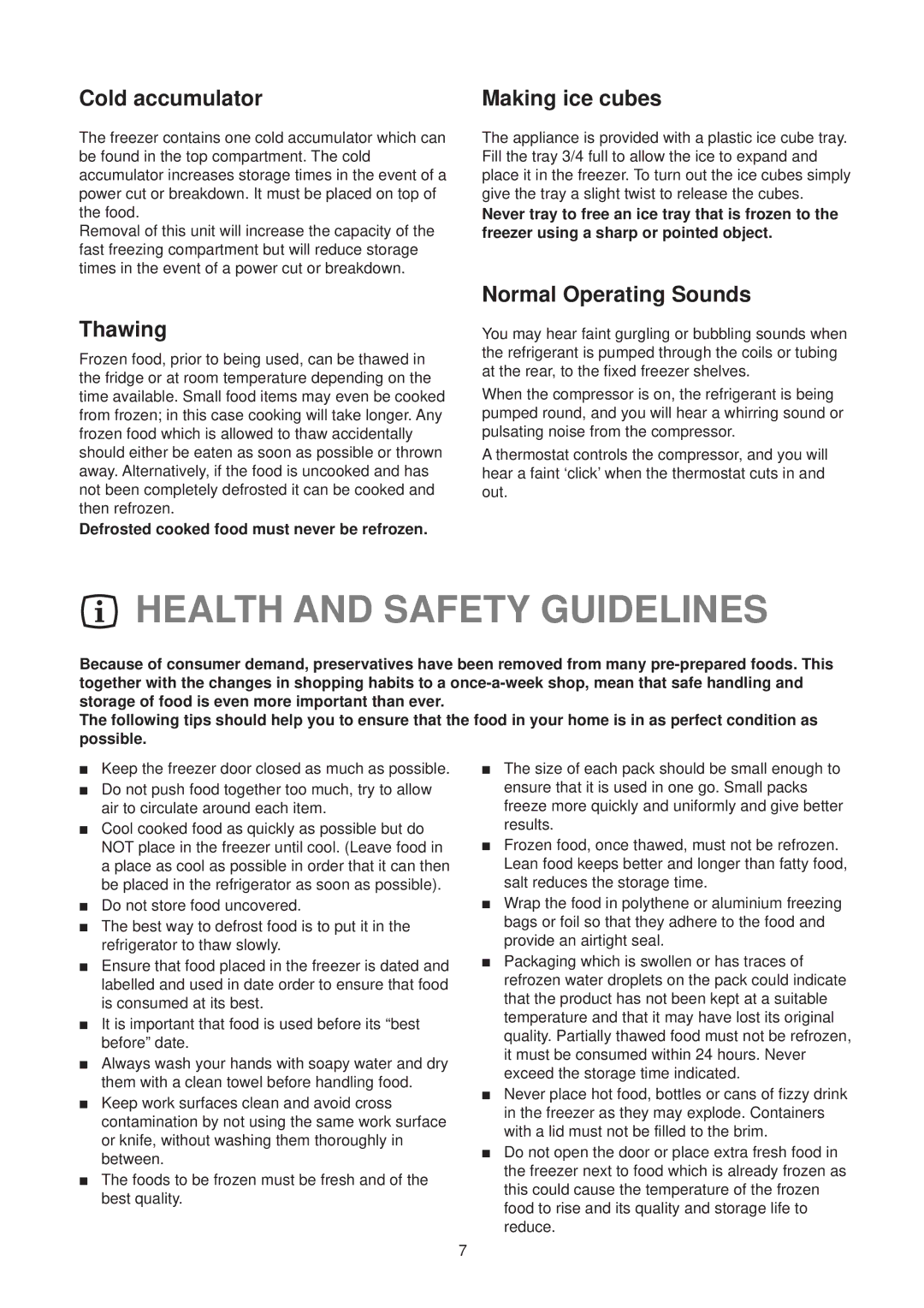 Electrolux EU 6339T Health and Safety Guidelines, Cold accumulator, Thawing, Making ice cubes, Normal Operating Sounds 