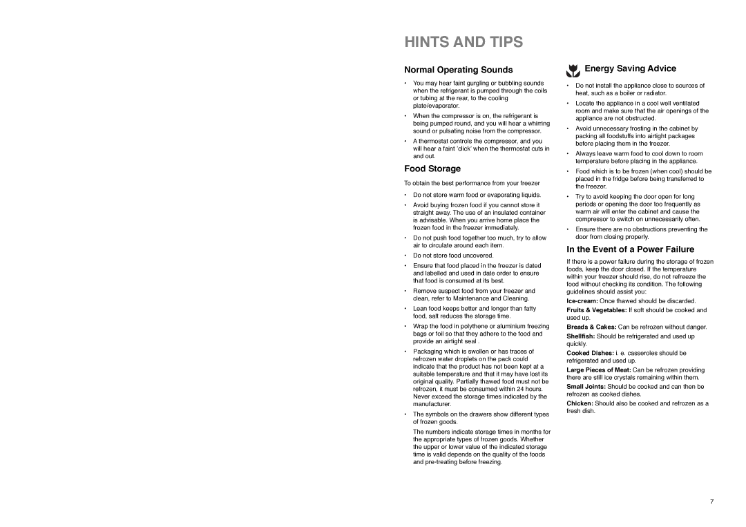 Electrolux EU 6938 C Hints and Tips, Normal Operating Sounds, Food Storage, Energy Saving Advice, Event of a Power Failure 