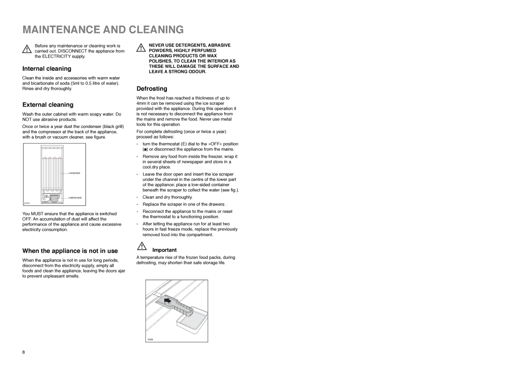 Electrolux EU 6938 C manual Maintenance and Cleaning, Internal cleaning, External cleaning, Defrosting 