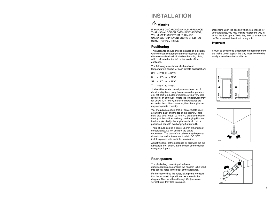 Electrolux EU 7120/1 C manual Installation, Positioning, Rear spacers 