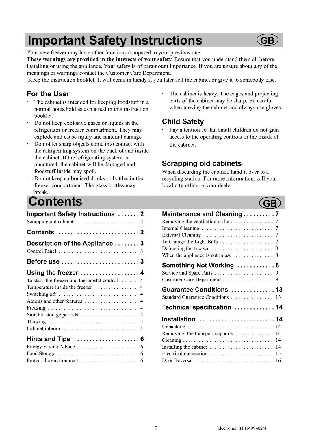 Electrolux EU8216C manual Important Safety Instructions 